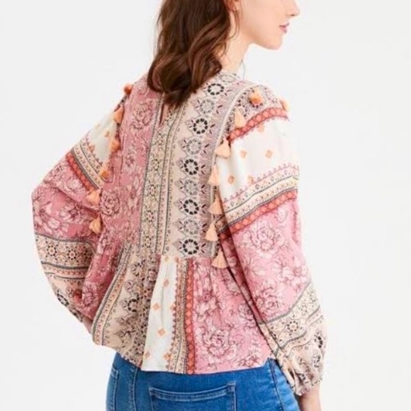 AEO Embroidered Balloon Sleeve Tassel Peasant Patchwork Peplum Top - Picture 3 of 11